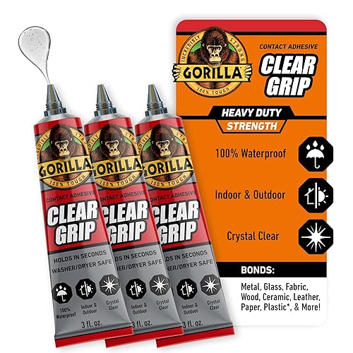 GORILLA CLEAR GRIP WATERPROOF CONTACT ADHESIVE 3OZ TUBE PACK OF 3 FAST, FLEXIBLE, PERMANENT