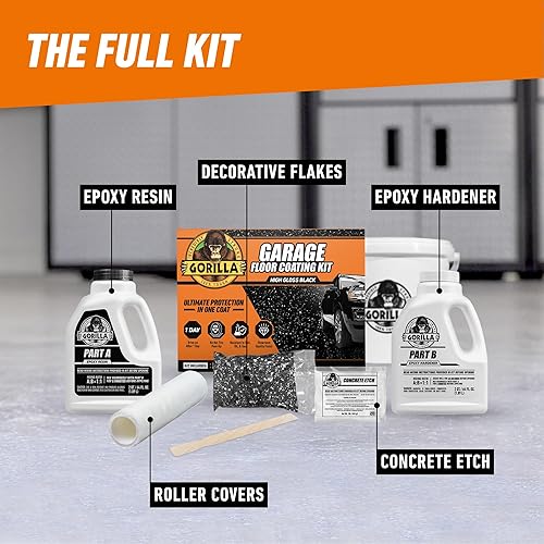 GORILLA EPOXY GARAGE FLOOR COATING KIT 7 PC, 1-CAR, DURABLE HIGH GLOSS BLACK, 275 SQ FT COVERAGE