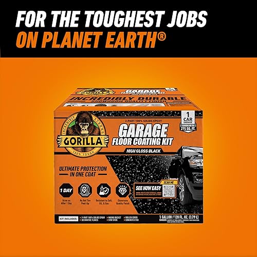 GORILLA EPOXY GARAGE FLOOR COATING KIT 7 PC, 1-CAR, DURABLE HIGH GLOSS BLACK, 275 SQ FT COVERAGE