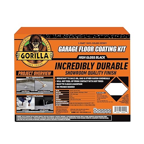 GORILLA EPOXY GARAGE FLOOR COATING KIT 7 PC, 1-CAR, DURABLE HIGH GLOSS BLACK, 275 SQ FT COVERAGE