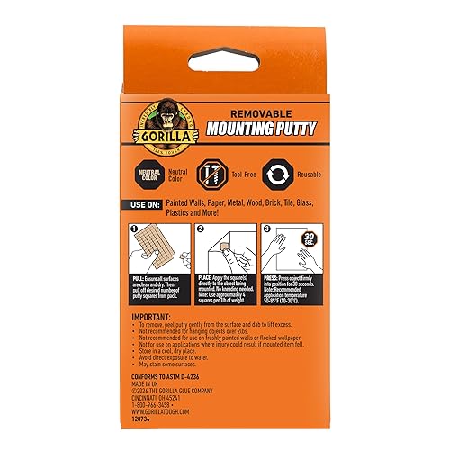 GORILLA MOUNTING PUTTY NATURAL TAN, 168 PRE-CUT SQUARES - NON-TOXIC, REMOVABLE WALL PUTTY