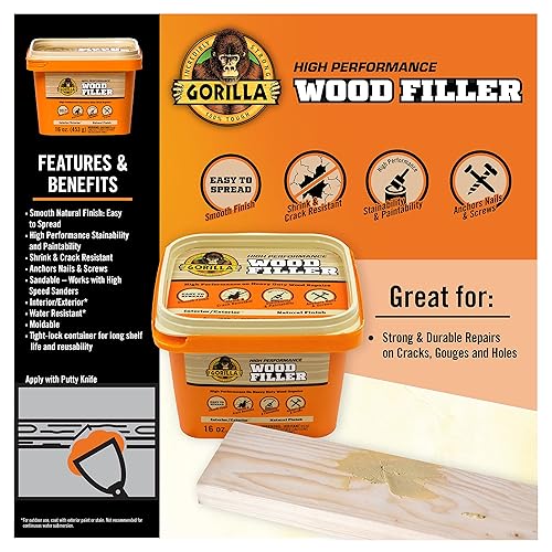 GORILLA ALL PURPOSE WOOD FILLER 16OZ NATURAL FINISH WATER RESISTANT INDOOR OUTDOOR USE