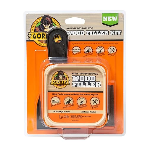 GORILLA ALL PURPOSE WOOD FILLER REPAIR KIT WITH PUTTY KNIFE AND SANDING BLOCK FOR WOOD RESTORATION