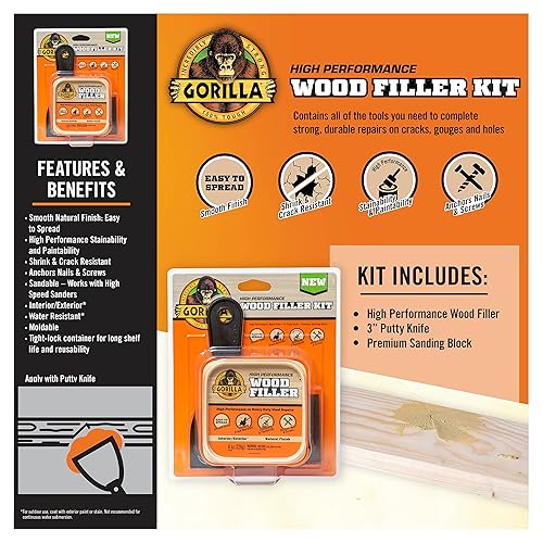 GORILLA ALL PURPOSE WOOD FILLER REPAIR KIT WITH PUTTY KNIFE AND SANDING BLOCK FOR WOOD RESTORATION