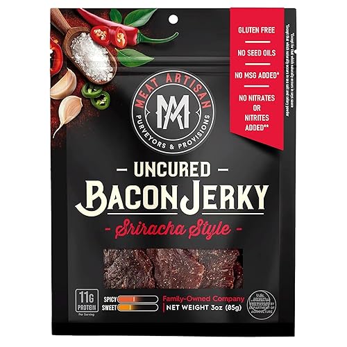 MEAT ARTISAN SRIRACHA UNCURED BACON JERKY 3OZ GLUTEN FREE, NO MSG, NO NITRATES, GOURMET SNACK