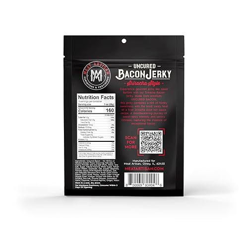 MEAT ARTISAN SRIRACHA UNCURED BACON JERKY 3OZ GLUTEN FREE, NO MSG, NO NITRATES, GOURMET SNACK