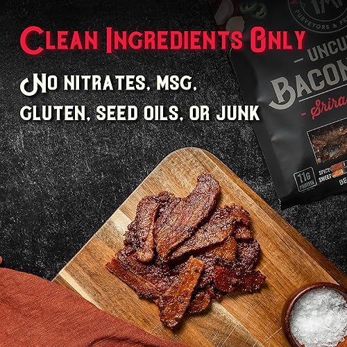 MEAT ARTISAN SRIRACHA UNCURED BACON JERKY 3OZ GLUTEN FREE, NO MSG, NO NITRATES, GOURMET SNACK
