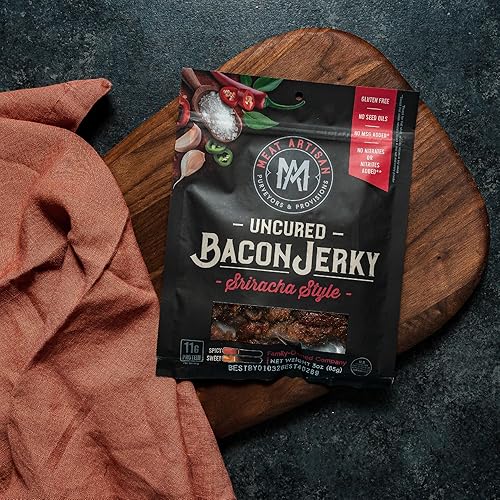 MEAT ARTISAN SRIRACHA UNCURED BACON JERKY 3OZ GLUTEN FREE, NO MSG, NO NITRATES, GOURMET SNACK