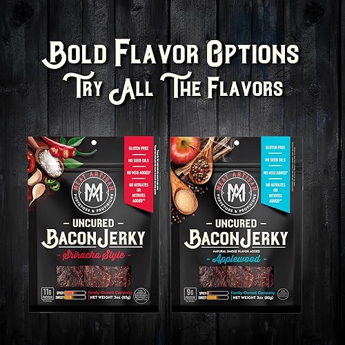 MEAT ARTISAN SRIRACHA UNCURED BACON JERKY 3OZ GLUTEN FREE, NO MSG, NO NITRATES, GOURMET SNACK