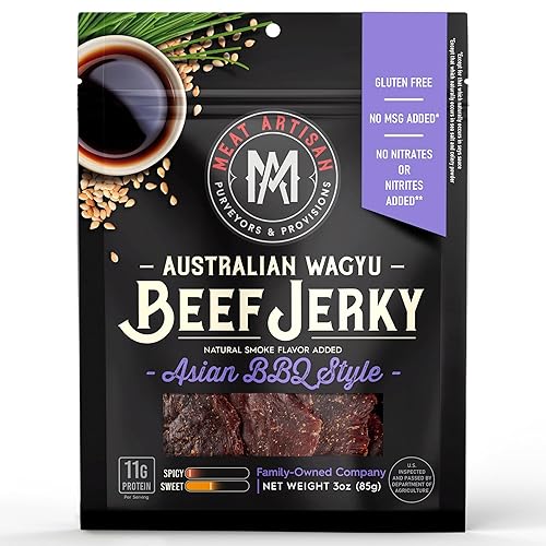 MEAT ARTISAN AUSTRALIAN WAGYU BEEF JERKY ASIAN BBQ - HIGH PROTEIN, GLUTEN FREE, NO MSG, 3OZ GOURMET SNACK