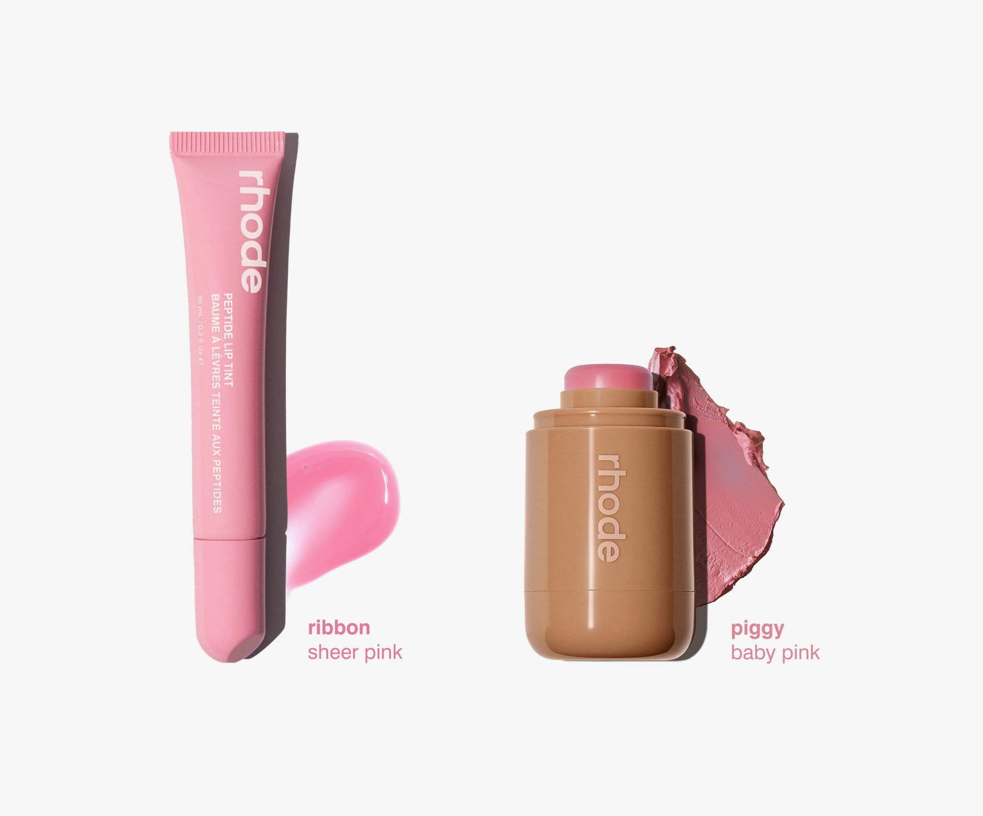 RHODE THE DUOS POCKET BLUSH + PEPTIDE LIP TINT  PIGGY + RIBBON -  A BABY PINK PAIR