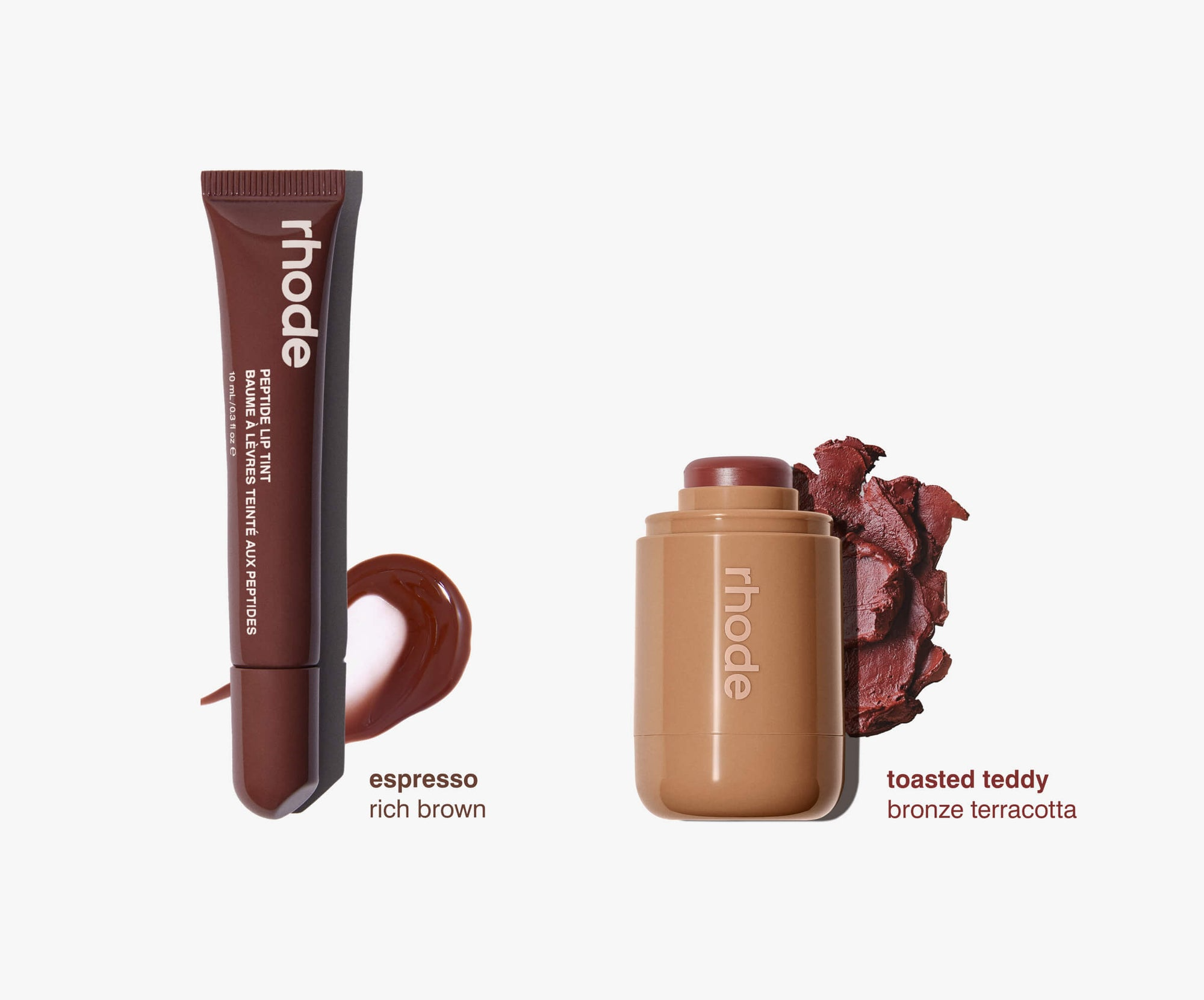RHODE THE DUOS POCKET BLUSH + PEPTIDE LIP TINT  TOASTED TEDDY + ESPRESSO -  A TOASTY BROWN PAIR