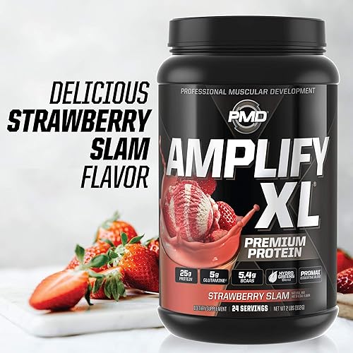 PMD SPORTS AMPLIFY XL WHEY PROTEIN WITH HYDRO GREENS, GLUTAMINE SUPERFOODS - STRAWBERRY, 24 SERVINGS