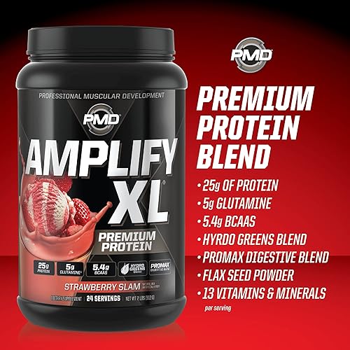 PMD SPORTS AMPLIFY XL WHEY PROTEIN WITH HYDRO GREENS, GLUTAMINE SUPERFOODS - STRAWBERRY, 24 SERVINGS