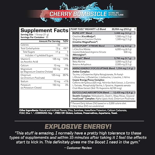 PMD SPORTS ULTRA PUMP FUEL INSANITY PRE WORKOUT CHERRY BOMBSICLE 30 SERVINGS CG5 CREATINE L-GLUTAMIN