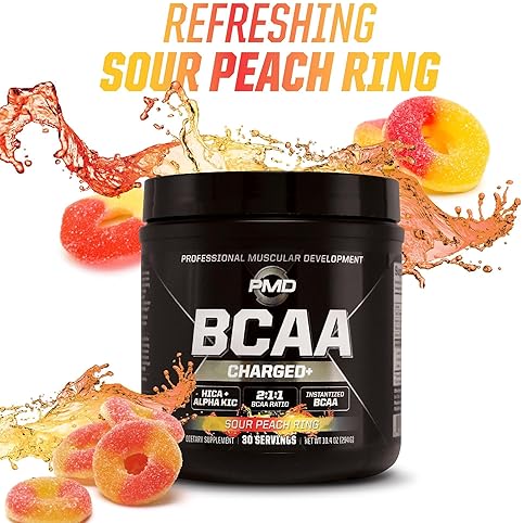 PMD SPORTS BCAA CHARGED SOUR PEACH RING AMINO ACID DRINK MIX FOR MUSCLE ENERGY, 30 SERVINGS