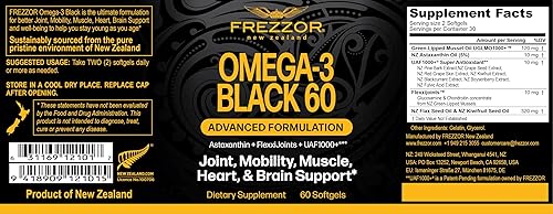 FREZZOR OMEGA 3 BLACK GREEN LIPPED MUSSEL OIL CAPSULES FOR JOINT CARE, 60 SOFTGELS, NO FISHY AFTERTA