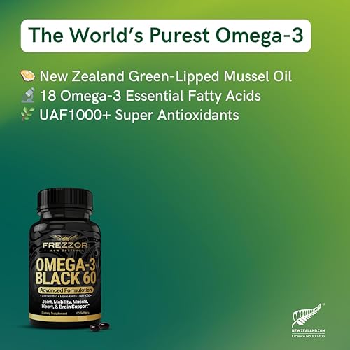 FREZZOR OMEGA 3 BLACK GREEN LIPPED MUSSEL OIL CAPSULES FOR JOINT CARE, 60 SOFTGELS, NO FISHY AFTERTA