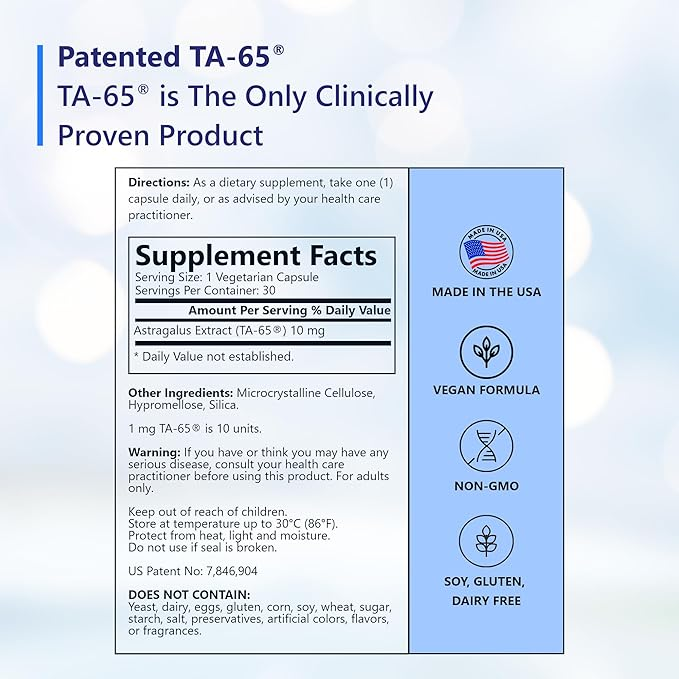 T.A. SCIENCES TELOMERASE ACTIVATION SUPPLEMENT - 100 UNITS TA 65 MD, 30 CAPSULES