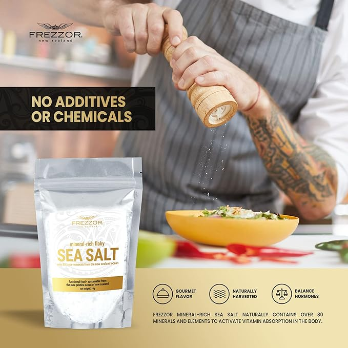 FREZZOR FLAKY SEA SALT, 8.8 OUNCES OF PREMIUM GOURMET SEA SALT FLAKES FROM NEW ZEALAND, 80 MINERALS & TRACE ELEMENTS, 100% ALL-NATURAL, SOLAR & WIND HARVESTED SALT, NO MICROPLASTICS, 1 POUCH
