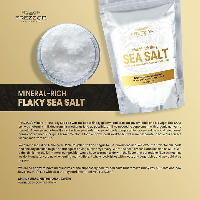 FREZZOR FLAKY SEA SALT, 8.8 OUNCES OF PREMIUM GOURMET SEA SALT FLAKES FROM NEW ZEALAND, 80 MINERALS & TRACE ELEMENTS, 100% ALL-NATURAL, SOLAR & WIND HARVESTED SALT, NO MICROPLASTICS, 1 POUCH