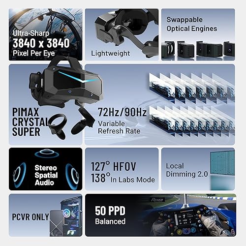 PIMAX CRYSTAL VR HEADSET 50PPD 3840X3840 PER EYE ULTRA-SHARP 127 FOV FOR FLIGHT SIMS GAMES