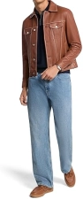 MICHAEL KORS MENS LEATHER TRUCKER JACKET WITH CONTRAST STITCHING STYLISH OUTERWEAR