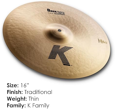 ZILDJIAN K SERIES DARK 16 INCH THIN CRASH CYMBAL PROFESSIONAL DRUM CYMBAL FOR DRUMMERS