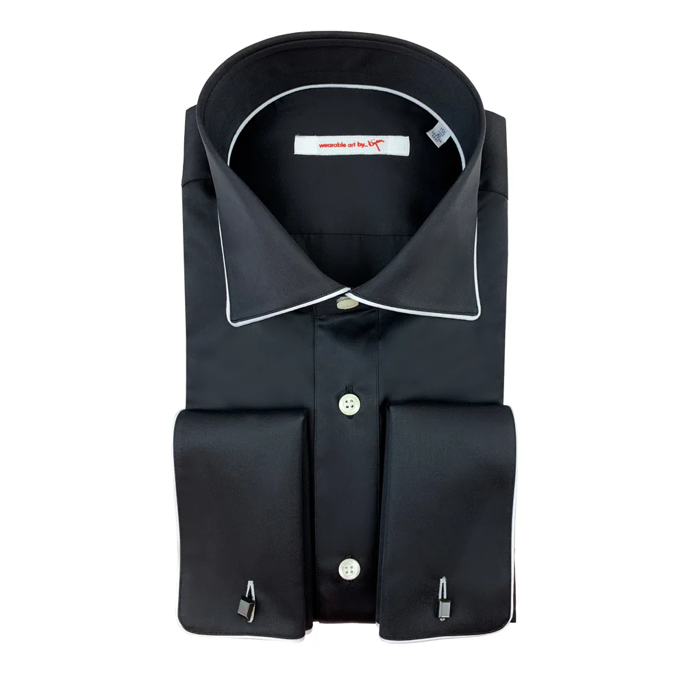 BIJAN FRENCH CUFF DRESS SHIRT WITH WHITE PIPING DETAIL