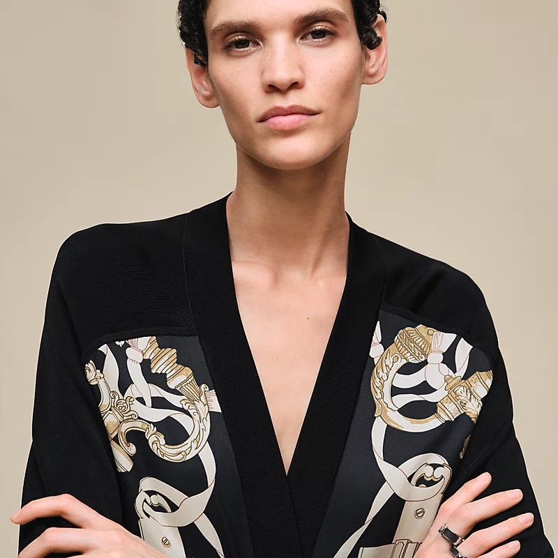 HERMES FERRONNERIE REMIX" LONG-SLEEVE TWILLAINE CARDIGAN NOIR