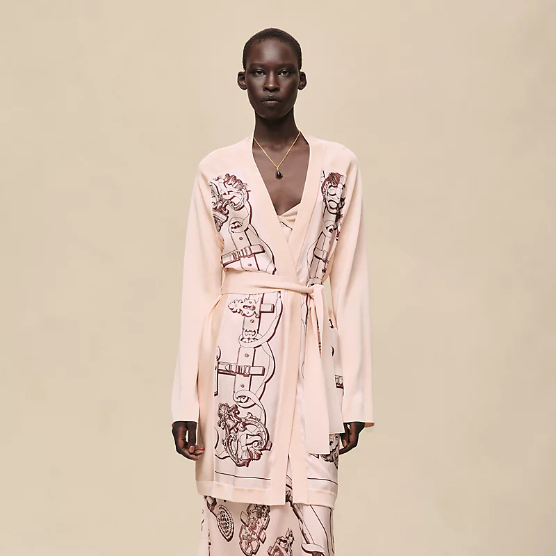 HERMES FERRONNERIE REMIX" LONG-SLEEVE TWILLAINE CARDIGAN ROSE OPALINE