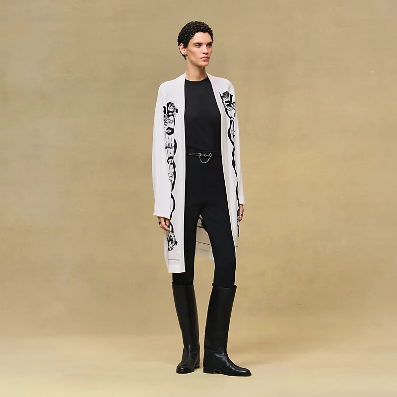 HERMES FERRONNERIE REMIX" LONG-SLEEVE TWILLAINE CARDIGAN BLANC NACRE