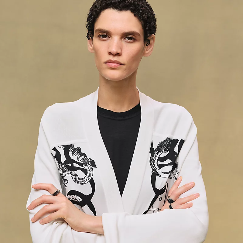 HERMES FERRONNERIE REMIX" LONG-SLEEVE TWILLAINE CARDIGAN BLANC NACRE