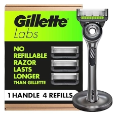 GILLETTELABS MENS RAZOR WITH EXFOLIATING BAR, 1 HANDLE, 4 BLADES MAGNETIC STAND SET