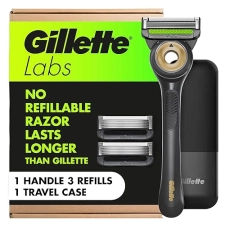 GILLETTE LABS MENS SHAVING RAZOR WITH EXFOLIATING BAR, 1 HANDLE, 3 BLADES TRAVEL CASE