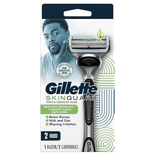 GILLETTE SKINGUARD RAZOR FOR MEN WITH SENSITIVE SKIN, 1 HANDLE 2 BLADES, REDUCES IRRITATION