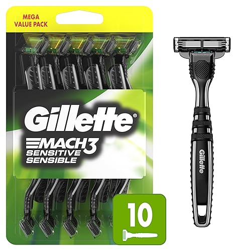 GILLETTE MACH3 SENSITIVE MEN S DISPOSABLE RAZORS, PIVOTING HEAD, CLOSE COMFORTABLE SHAVE, 10 COUNT