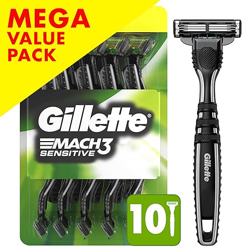 GILLETTE MACH3 SENSITIVE MEN S DISPOSABLE RAZORS, PIVOTING HEAD, CLOSE COMFORTABLE SHAVE, 10 COUNT