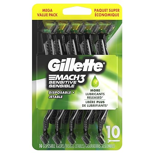GILLETTE MACH3 SENSITIVE MEN S DISPOSABLE RAZORS, PIVOTING HEAD, CLOSE COMFORTABLE SHAVE, 10 COUNT