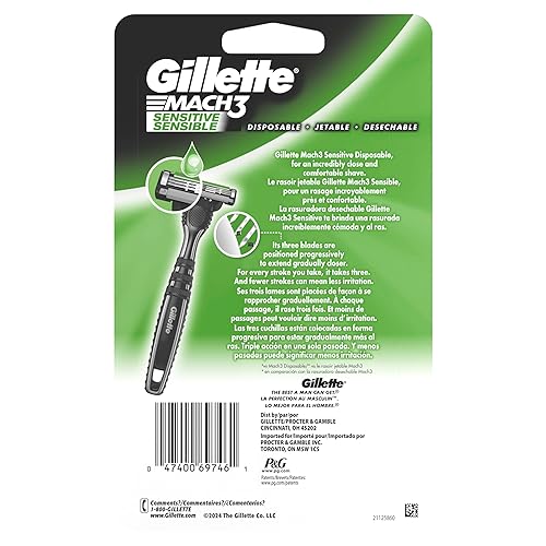 GILLETTE MACH3 SENSITIVE MEN S DISPOSABLE RAZORS, PIVOTING HEAD, CLOSE COMFORTABLE SHAVE, 10 COUNT