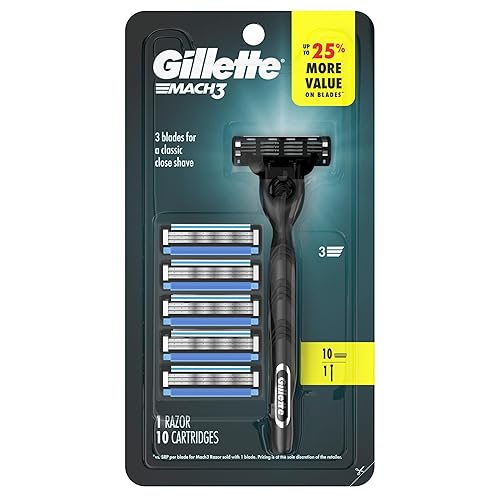 GILLETTE MACH3 MEN S RAZOR WITH 10 BLADE REFILLS, 3-BLADE HANDLE LUBRICATION STRIP