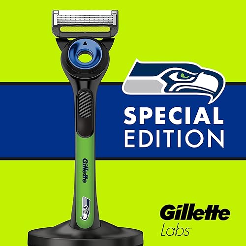 GILLETTE LABS NFL SEAHAWKS SHAVING RAZOR FOR MEN WITH 4 BLADES, HANDLE MAGNETIC STAND