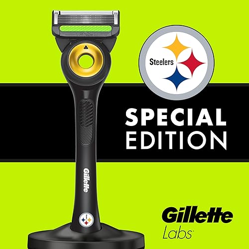 GILLETTE LABS NFL STEELERS EDITION MENS RAZOR - 1 HANDLE, 4 BLADES, MAGNETIC STAND, EXFOLIATING BAR