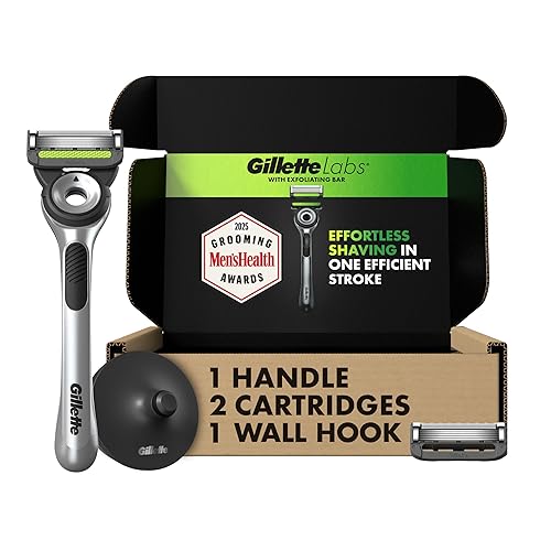 GILLETTE LABS MENS RAZOR SET WITH EXFOLIATING BAR, 2 BLADES, HANDLE SHOWER HOOK - SILVER BLACK
