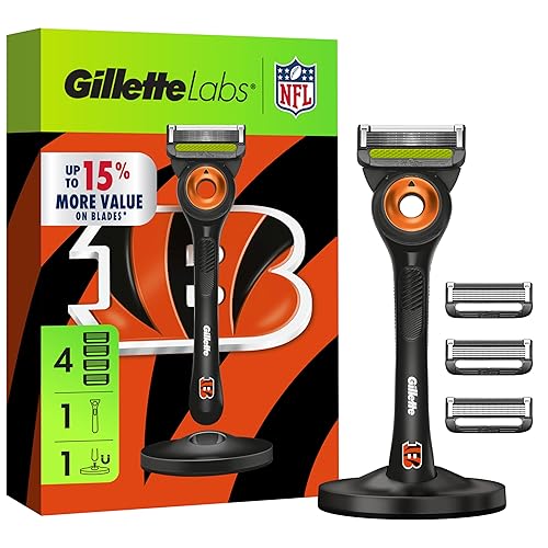 GILLETTE LABS NFL BENGALS SHAVING RAZOR FOR MEN WITH 1 HANDLE, 4 BLADES MAGNETIC STAND