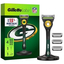 GILLETTE LABS NFL PACKERS SHAVING RAZOR FOR MEN WITH 1 HANDLE, 4 BLADES MAGNETIC STAND