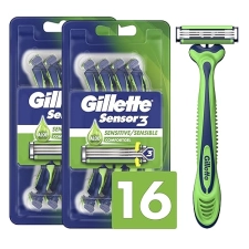 GILLETTE SENSOR3 SENSITIVE MENS DISPOSABLE RAZORS, 16 COUNT 2 PACKS OF 8 WITH LUBRASTRIP