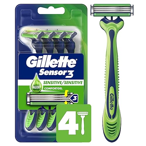 GILLETTE SENSOR3 SENSITIVE MENS DISPOSABLE RAZORS, PACK OF 4 FOR SMOOTH SHAVING