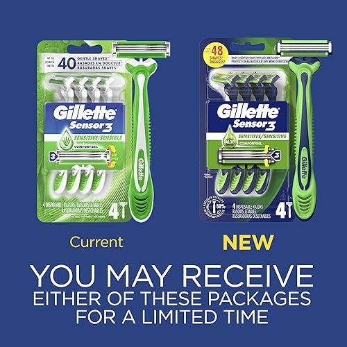 GILLETTE SENSOR3 SENSITIVE MENS DISPOSABLE RAZORS, PACK OF 4 FOR SMOOTH SHAVING