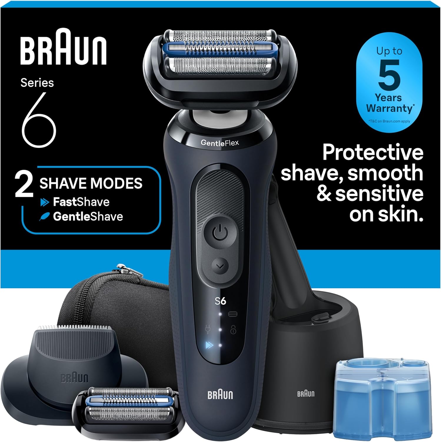 BRAUN SERIES 6 ELECTRIC RAZOR FOR MEN WITH PRECISION TRIMMER, EXTRA HEAD, CLEAN CHARGE CENTER